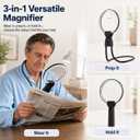 Hands Free Magnifying Glass with Light for Reading, 5.5 Inch Large Lens (3X & 5X), USB Rechargeable Neck-Worn & Handheld Magnifier with 24 LEDs, Ideal Gift for Seniors, Sewing, Jewelry