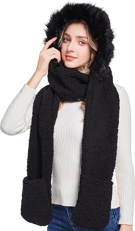 Winter Faux Fur Fuzzy Trim Sherpa Hooded Scarf Cute 3-in-1 Scarf Hat Gloves Set for Women