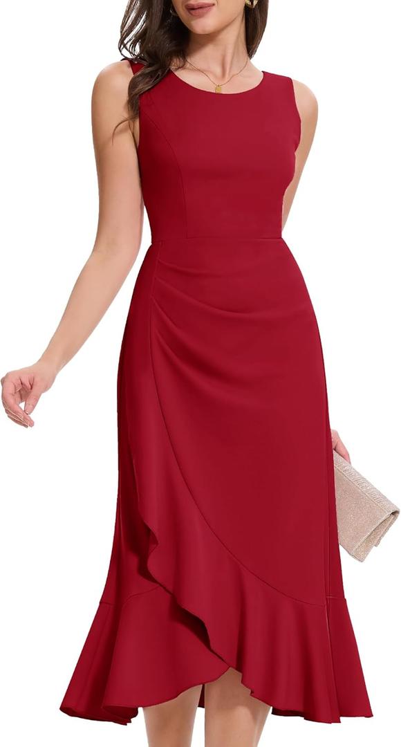 Aupuls Long Ruffel Wedding Guest Dresses for Women Elegant Sleeveless Ruched Waist Formal Dress (Large, Red)