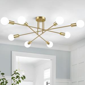 Modern Sputnik Chandelier 8-Light Industrial Ceiling Lights Fixture 32" Gold Semi Flush Mount Ceiling Light with E26 Base Sputnik Lights Fixture for Dining Room Bedroom Foyer Hallway Living Room (Bulbs Not Included)
