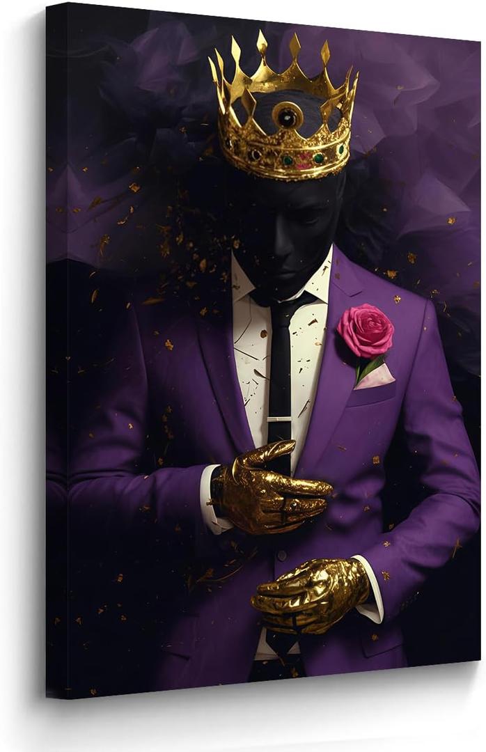 BJYCHG Black Man Picture Gold Crown Wall Art Afro American Canvas Prints King Crown Paintings Black African Wall Decor for Men Bedroom Framed (Purple, 24L x 16W)