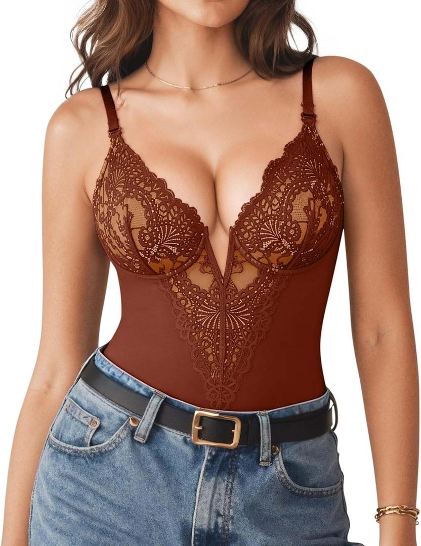 Popilush Shapewear Bodysuits for Women Lace Corset Tops Tummy Control V Neck Sleeveless Body Suit Thongs (Brown, XXXL)