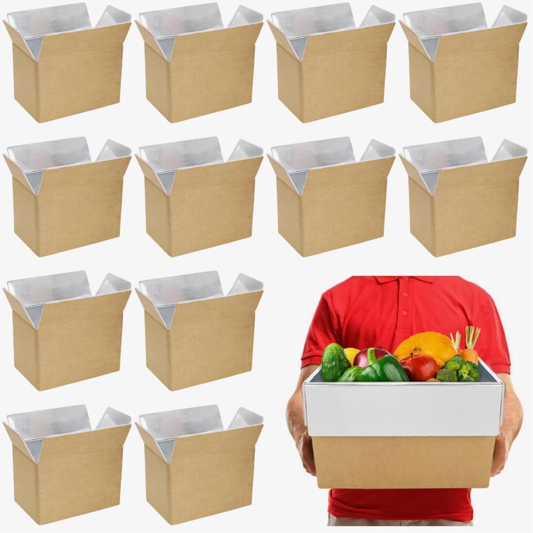 ZAVOOS 12 Pack Insulated Shipping Box, 10.8'' x 7.3'' x 6.5'' Cold Shipping Boxes with Aluminium Foil Liner for Hot Frozen Food, Small Reusable Foil Cooler Carton Moving Kits for Packing Mailing