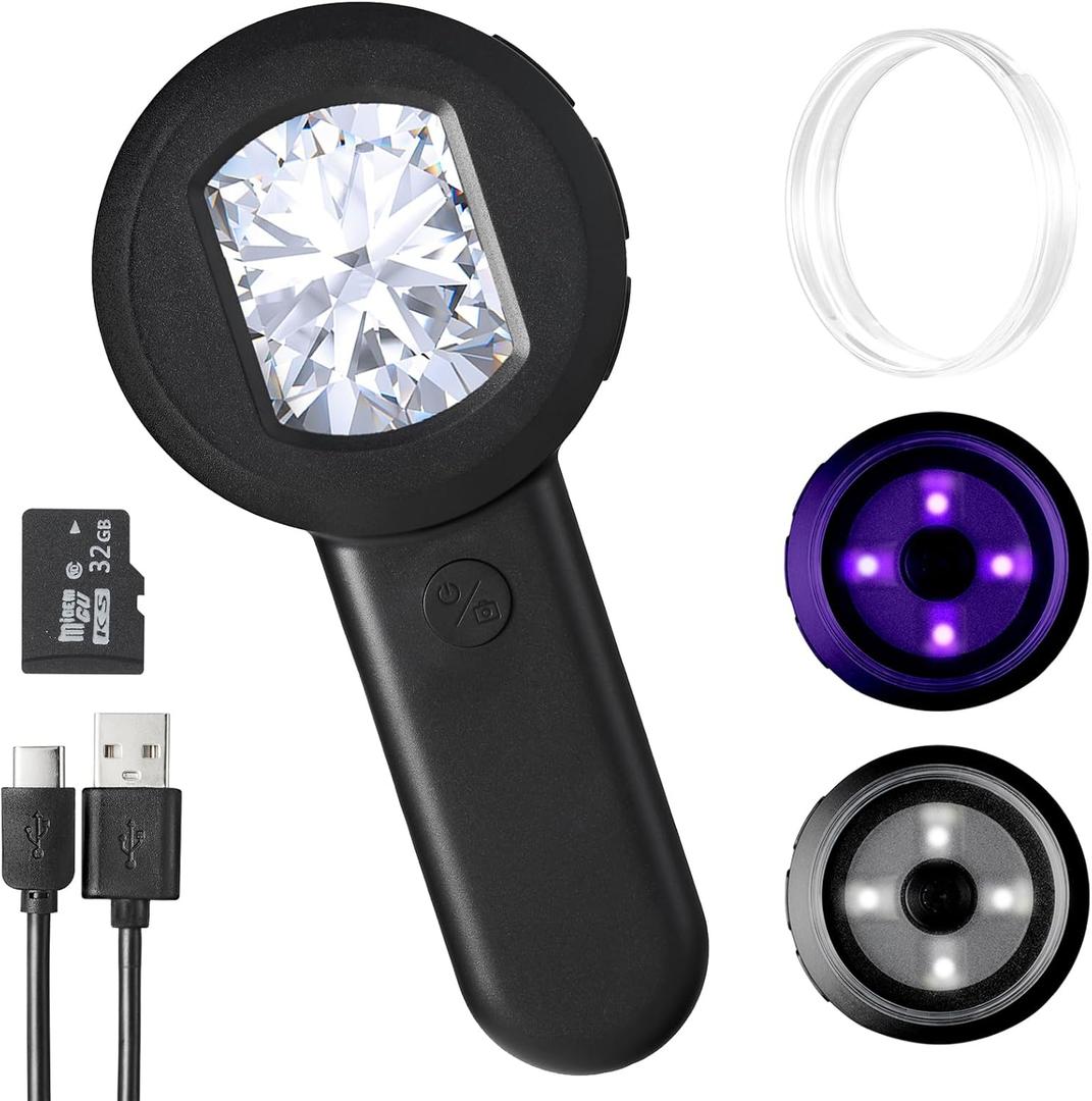 Digital Magnifying Glass, 100X Digital Magnifier with Screen & 8 LED Lights, Portable Handheld Microscope for Jewelers loupe and Coin Collectors (32GB TF Card,Compatible Mac/PC)