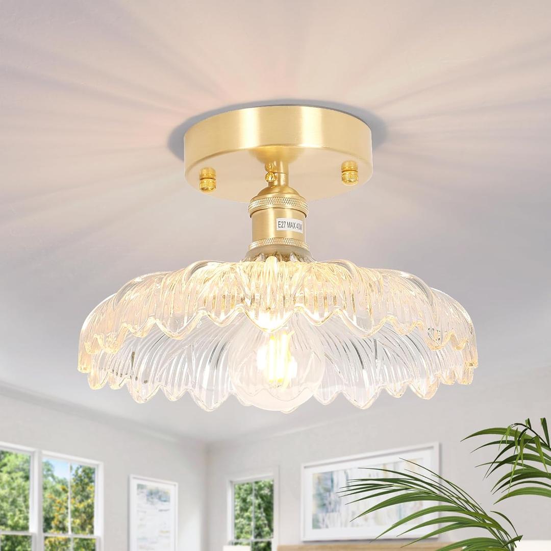 Semi Flush Mount Ceiling Light, Gold Hallway Vintage Lights Fixture Ceiling with Clear Flower Glass, Bulb Included, 4.72" Base Modern Ceiling Light Fixtures for Porch Corridor Kitchen Bedroom (Brass base (Bulb included), FlowerClear)