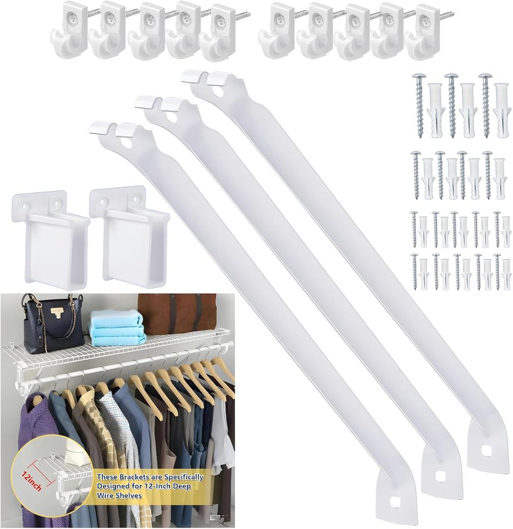 12-Inch Heavy Duty Wire Shelf Bracket Support Kit  Epoxy-Coated Steel Shelf Brackets with 10 Wire Shelf Clips & 2 End Brackets for Wardrobe, Closet & Wall-Mounted Storage