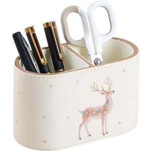 Christmas Pen Holder for Desk, PU Leather Pencil Holder for Desk with 2 Compartments for Home Office Supplies, Christmas Decorations Pencil Cup Desk Organizer (Reindeer)