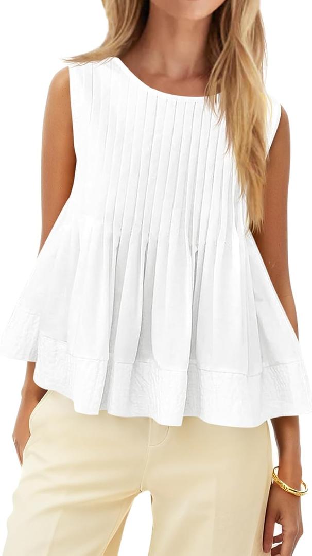 Cicy Bell Womens Summer Peplum Tops Casual Babydoll Sleeveless Cotton Tank Tops Flowy Pleated Shirts White (White), Size: Large