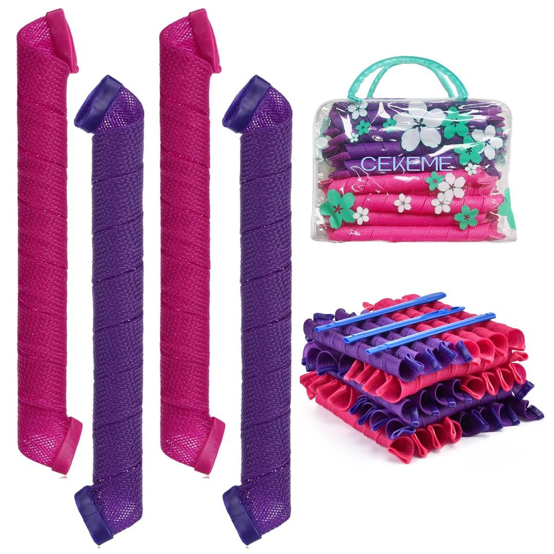 40pcs Heatless Spiral Hair Rollers with Styling Hooks, 22inch/55cm, No Heat Damage, DIY Kit for Long & Medium Hair (Purple&Red)
