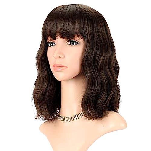 FAELBATY Short Brown Wigs With Bangs Shoulder Length Wig For Women Curly Wavy Synthetic Cosplay Wig for Women Costume Wigs (12" Natural Black Dark Brown Mix Color)