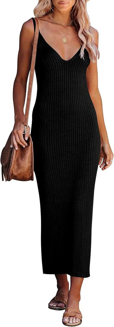 MEROKEETY Womens Summer Spring Midi Dress 2026 Vacation Bodycon V Neck Sleeveless Ribbed Knit Sweater Dresses (Medium, Black)