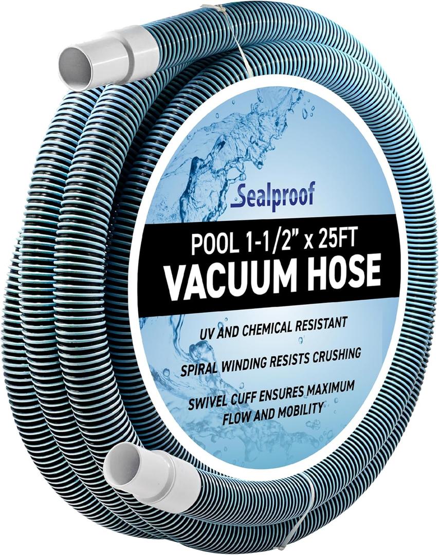 Swimming Pool Vacuum Hose 1-1/2" x 25-Ft, Swivel Cuff Kinkproof Design, Made in USA, Connects to Vacuum Head, Skimmer, Filter Pump for Cleaning In Ground and Above Ground Pools