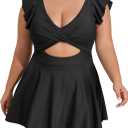 B2prity Women's Plus Size Swimsuit Tummy Control One Piece Swimdress Ruffle V Neck Cutout Wrap Bathing Suit with Skirt (X-Large, Black)