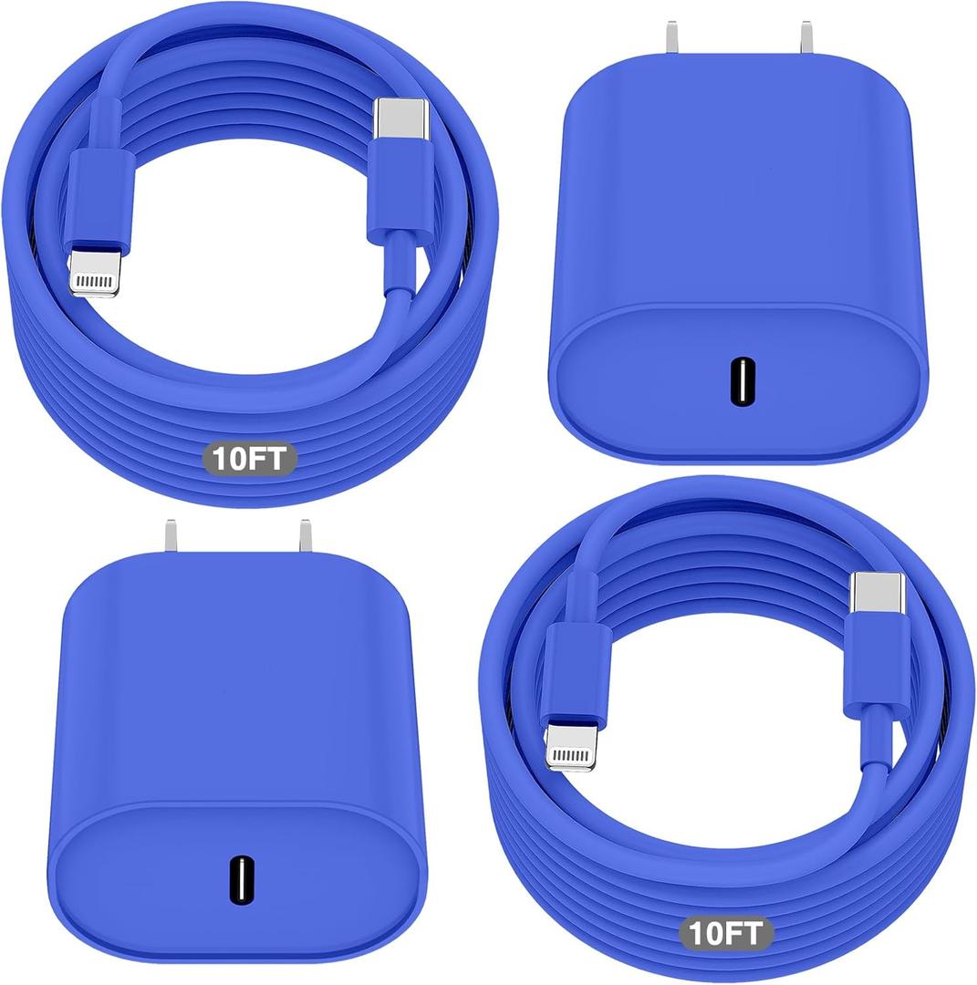 Essri Phone Charger Fast Charging 10 FT, 2-Pack 20W PD USB C Block with iPhone 14 13 Charger Cable 10 Foot, Compatible with iPhone 14 Pro 13 Pro Max 12 11 Pro Mini,Blue