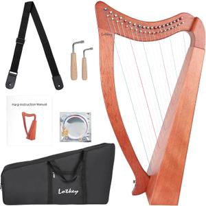 LOTKEY 19 Strings Harp, Solid Mahogany Harps 29'' W/Gig Bag,Tuning Wrench,Straps,Instruction for Professional Lyre Harp Player,Beginner,Adults F3 G3 A3 B3 C4 D4 E4 F4 G4 A4 B4 C5 D5 E5 F5 G5 A5 B5 C6