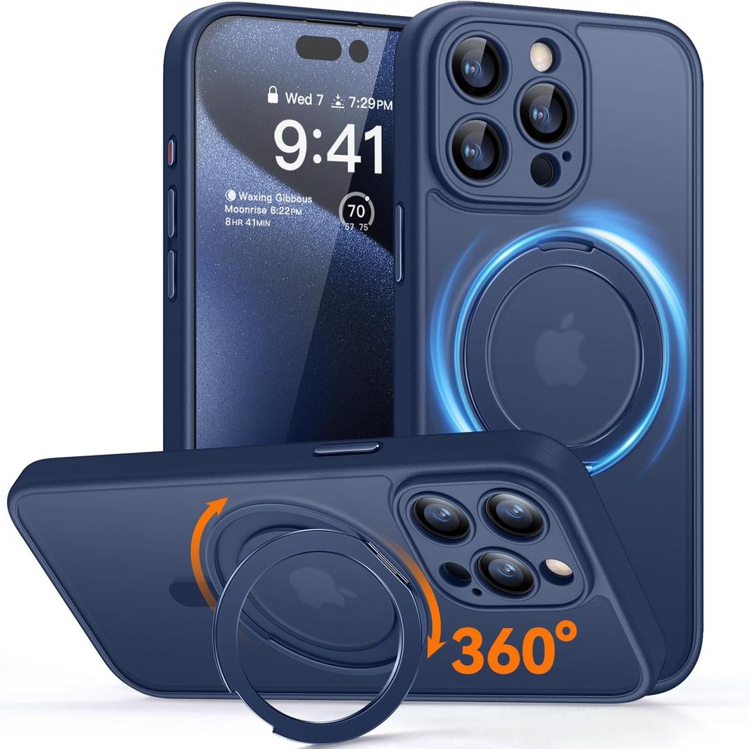 CANSHN 360 Spin Magnetic Stand for iPhone 15 Pro Max Case [Full Camera Protection] [Compatible with Magsafe] [Translucent Matte] Shockproof Protective Kickstand Phone Cover 6.7" - Deep Blue