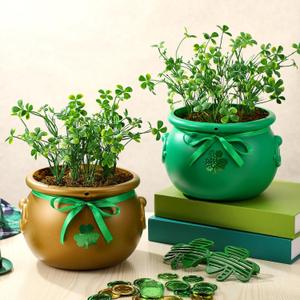 2 Pcs 12 Inch St. Patrick's Day Artificial Plants Large St. Patrick's Shamrock Flowers Vase Decor Irish Fake 4 Leaf Clover Plants Decoration for Office Floral Greenery Decoration