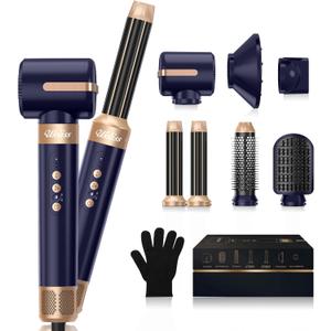 UKLISS Hair Dryer Brush 7 in 1110000 RPM Hair Dryer with Diffuser for Curly & Twisted Hair Professional Ionic Brush Blow Dryer for Salon-Quality Styling (Blue Gold)
