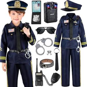 Police Officer Costume for Kids, Cop Costume Outfit Set with Toy Accessories, Halloween Costumes for Boys, Size L