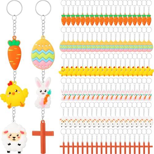 Equsion 120 Pcs Easter Keychain Easter Day Party Favors Bunny Key Chain Key Ring Rabbit Cross Hanging Kit Carrot Eggs Party Decorations for Hunting Party Decor