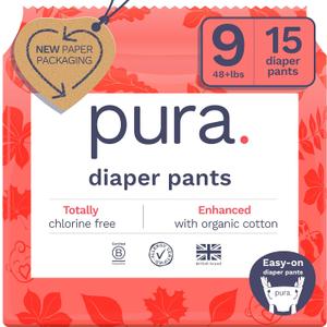 Pura Hypoallergenic Diaper Pants Size 9 (48+ lbs) Overnight, up to 12 Hours Leak Protection, Suitable for Sensitive Skin, Totally Chlorine Free, Soft Organic Cotton, 1 Pack of 15 Pull Up Pants
