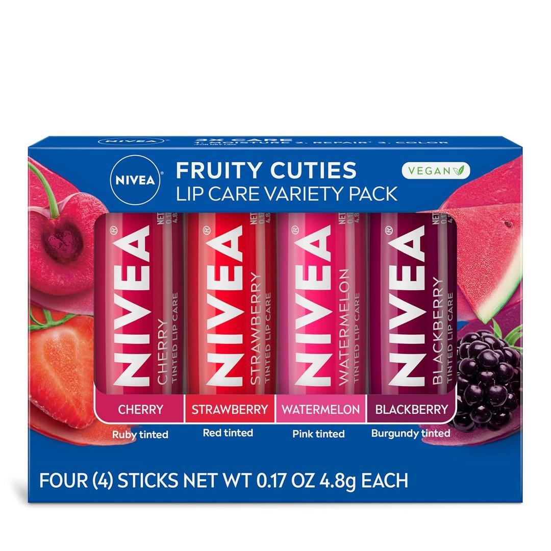 NIVEA Lip Care, Fruity Tinted Lip Balm Variety Pack, Cherry, Strawberry, Blackberry and Watermelon Flavors, Mothers Day Gifts, 0.17 Oz Stick, Pack of 4