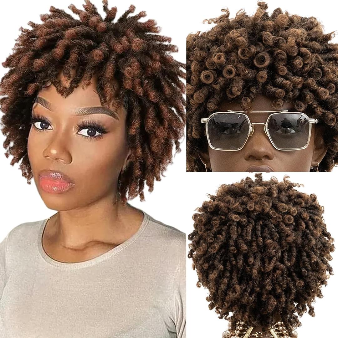 RED PIXIE Loc Wigs for Black Women Dreadlock Fake Dreads Faux Locs Wig Dreadlocks Afro Headband Short Braided Wig Short Curly Braided Afro Twist Wigs for Black Women Braided Bob Crochet Dreadlock (Black Mixed Brown)
