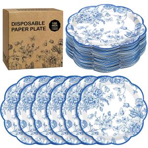 100 Pieces Blue Flower Paper Plates 7 Inches Disposable Floral Paper Plates Scalloped Blue Chinoiserie Vintage Flower Dessert Plate for Wedding Birthday Holiday Party Decor Supplies