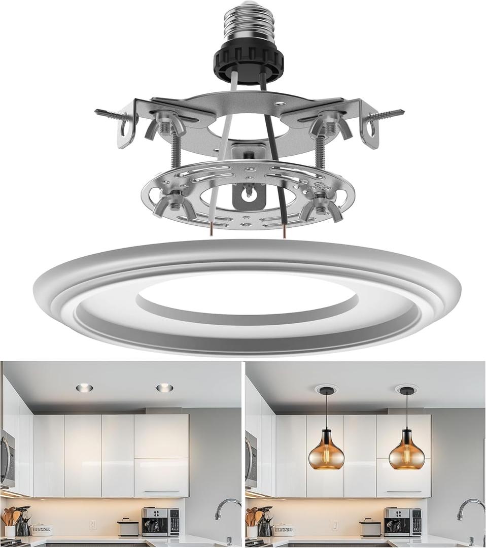 R5 and R6 Recessed Can Light Conversion Kit, Light Fixture Upgrade, Pendant Light, Fan Compatible, Includes 7 Inch Decorative Plastic Medallion, White Finish