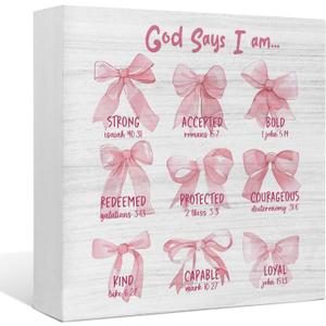 2 x EIONEY God Says I am Desk Decor - Wooden Signs, Pink Bow Bible Verse Wood Box Sign for Girl Bedroom Dorm Home Office, Teen Girl Room Wall Tabletop Shelf Decor, 5x5 Inch