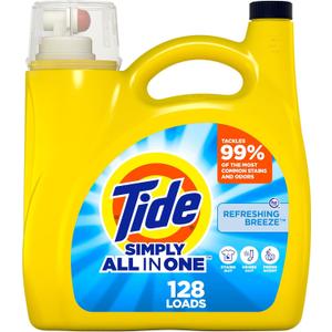 Tide Simply All-In-One Liquid Laundry Detergent, Refreshing Breeze Scent, 128 Loads, 168 fl oz