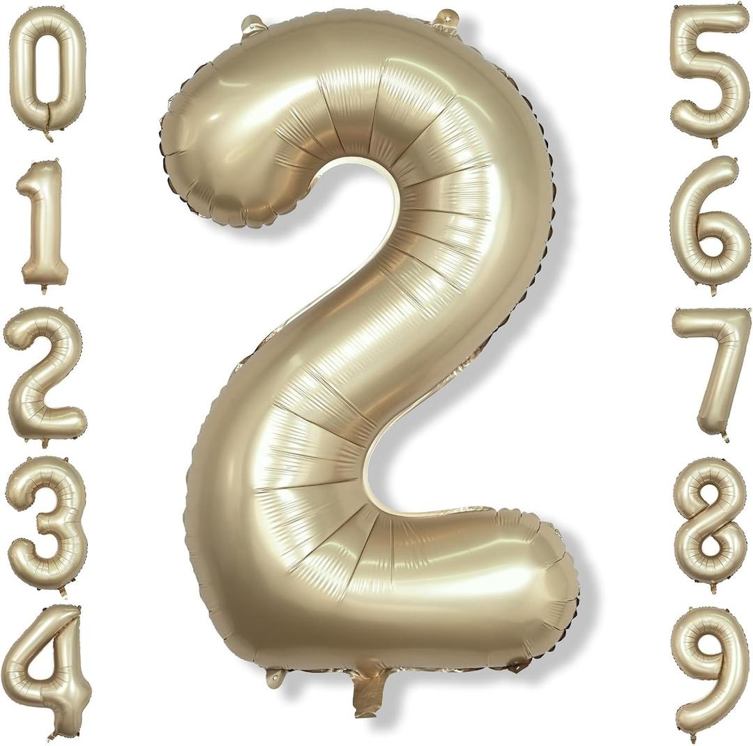 Champagne Gold 2 Balloons, 40 Inch Giant Metallic Helium Mylar Foil Number 0-9, Light Gold 2nd Birthday Balloon for Boys Girls, Morados Numero Two for Women Anniversary Party Decorations