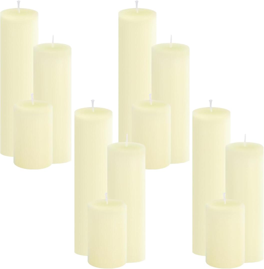 12-Pack Ivory Unscented Pillar Candle Set - 2x3, 2x6, 2x8-inch Long-Burning Drip-Free Tapers, 4 Per Size. Ideal for Home Decor, Weddings, Emergencies, and Holidays. (12 Flat-top)
