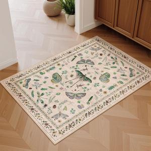 2x3 Entryway Rug with Insect Print - Indoor Non-Slip Small Bug Rug for Front Door, Low Pile Machine Washable Throw Carpet for Entryway, Kids Nursery, Bedroom, Kitchen, Laundry, Bathroom (2'x3' Beige)