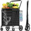 5.0 Cu Ft Folding Shopping Cart - 480 LB Capacity Grocery Cart with 360 Braked Swivel Wheels - Heavy Duty Utility Cart with Double Basket & Removable Waterproof Liner with Lid for Laundry