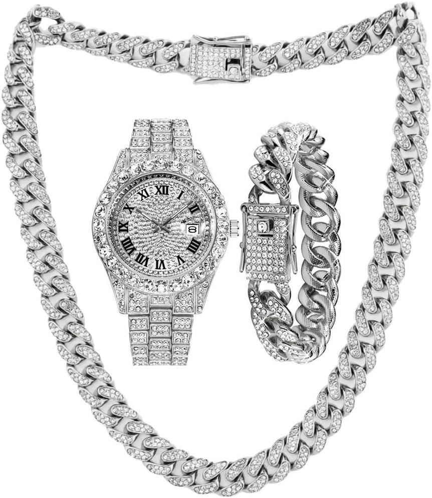 Watch Set for Men Cuban Chain Link Bracelet Necklace