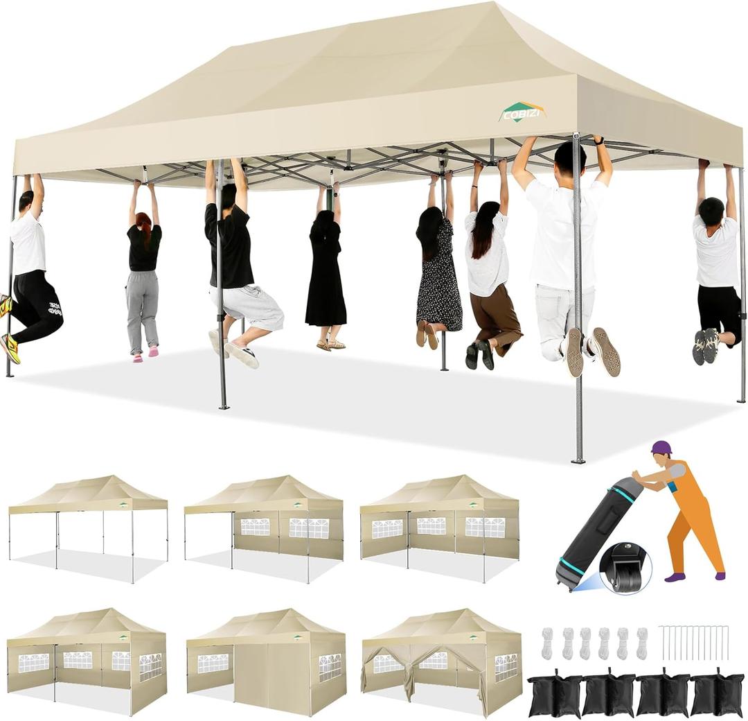 COBIZI 10x20 Heavy Duty Pop up Canopy Tent with 6 sidewalls Easy Up Commercial Outdoor Canopy Wedding Party Tents for Parties All Season Wind & Waterproof Gazebo with Roller Bag,Khaki(Frame Thickened)