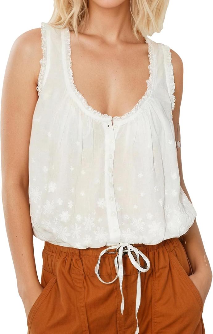 Womens Summer Boho Embroidered Tank Button Down Cami Tops Beach Vacation Flowy Vest Sleeveless Blouses Crop Tops (White, S)