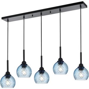 5 Light Island Lighting Fixtures Hanging with Blue Striped Swirl Globe Glass, Black Linear Hanging Pendant Light Fixture Farmhouse Chandelier for Dining Room Bar Living Room