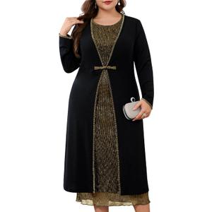 ZOMVA Plus Size 2 Pieces Mother of The Bride Sparkly Dress Set with Jacket Formal Wedding Guest Evening Elegant Outfit (XX-Large Plus, Gold and Black)