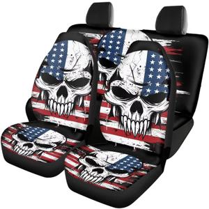 Bulopur Skull Skeleton American Flag Car Seat Covers Set of 4, Vehicle Front Seats and Rear Bench Cover Universal Fit for Cars Trucks SUVs, Black