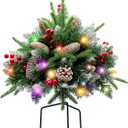 Lighted Outdoor Christmas Tree Urn Filler, Pre-lit Artificial Xmas Pine Trees with Tripod Stake, Outdoor Light Up Christmas Planter Filler
