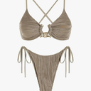 ZAFUL Women's Sexy Cutout Bikini Set High Cut Textured Metal Ring Cheeky Swimsuit Two Piece Bathing Suit, Large 