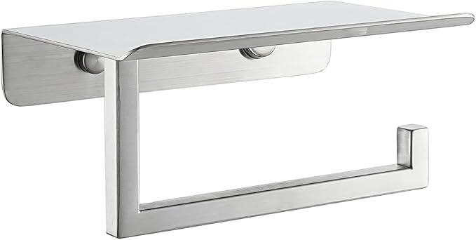JQK Toilet Paper Holder Shelf, Bathroom Tissue Roll Holder with Phone Shelf, 5 Inch 304 Stainless Steel Tissue Paper Dispenser, Brushed Finished Wall Mount, TPH202-BN-T
