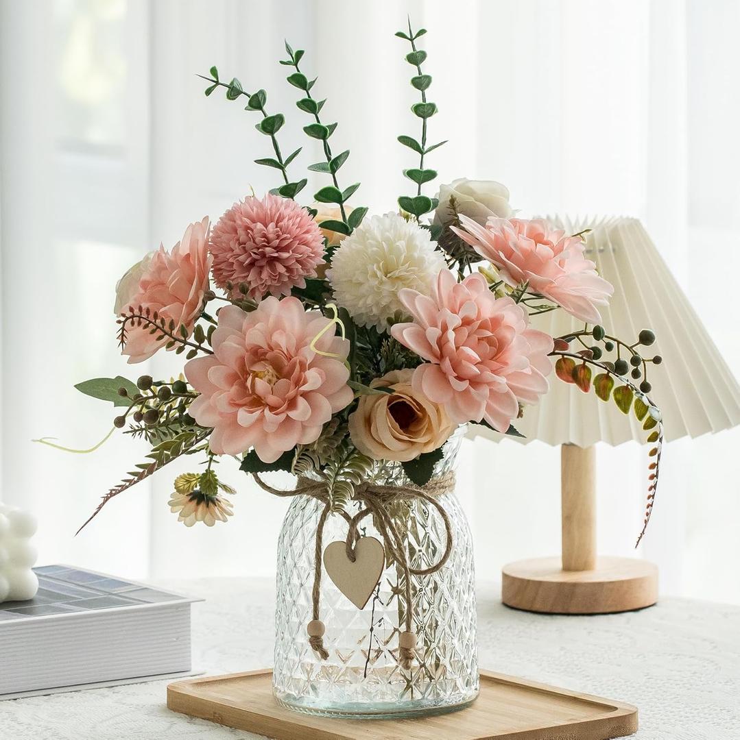 Fake Flowers with Vase, Faux Flowers in Vase for Home Decor, Silk Pink Dahlia Artificial Flowers with Vase for Coffee Table Decor, Living Room Bathroom Plant Decor, Centerpiece Table Decorations