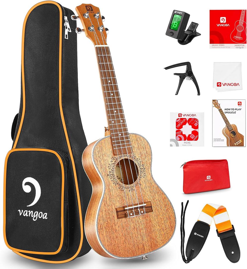 Ukulele Concert Mahogany Bundle 23 inch Ukelele for Beginners Adults Professional Four String Wooden Hawaiian Starter Uke Kit, by Vangoa (Natural)