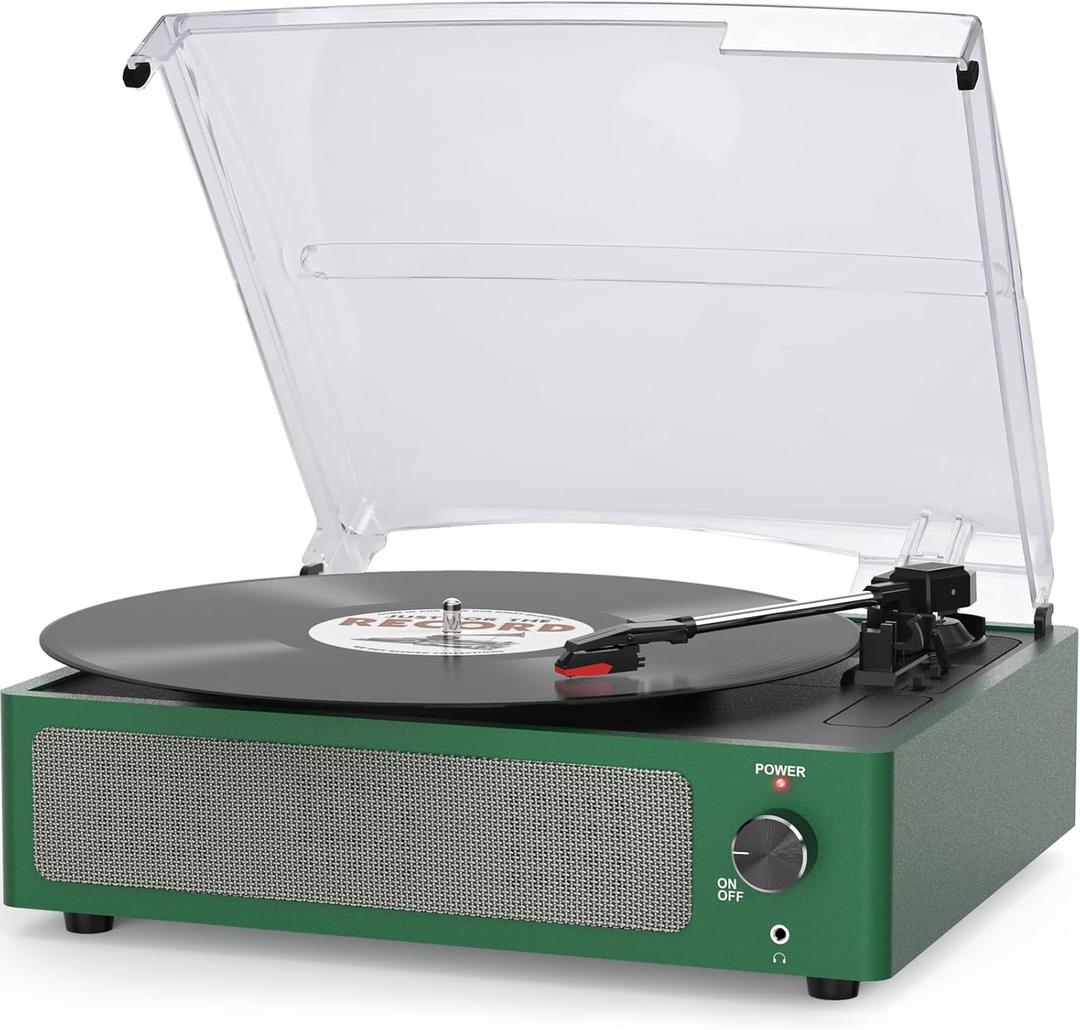 Vinyl Record Player with Speakers & Wireless Receiver Turntable for Vinyl Records 3 Speed 3 Size LP Player Portable Turn Table Vinyl Records Players Headphone AUX RCA Auto Stop New Sleek Dark Green