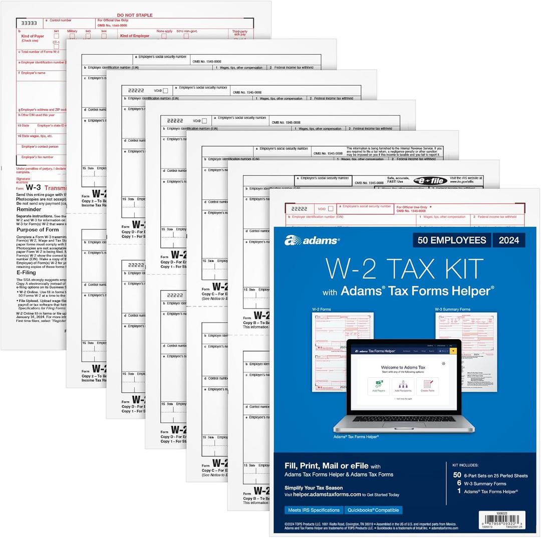 Adams 2024 W2 Tax Forms 2024, 6 Part Laser/Inkjet Tax Forms, 50 Employees, Includes 6 W3 Forms, Access to Tax Forms Helper (1009322)
