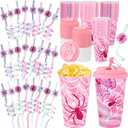 Yungyan 16 Sets Pink Spider Party Favors Goodie Cups with Lids and Straws for Halloween Party Decorations Reusable 16oz Plastic Candy Cups Plastic Straws for Birthday Gift (Pink Spider)