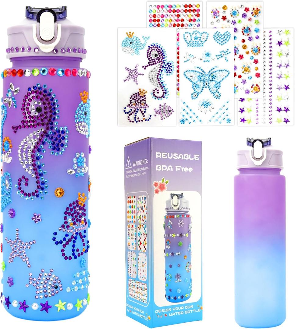 Gifts for Girls, Decorate Your Own Water Bottle Kits for Kids 4 5 6 7 8 9 10 Year Old Girl, Fun DIY Arts and Crafts Gift Toys for Kids Age 4-5-6-8-10-12, Birthday Graduation Gifts for Kid Girl Teens (Purple Blue)